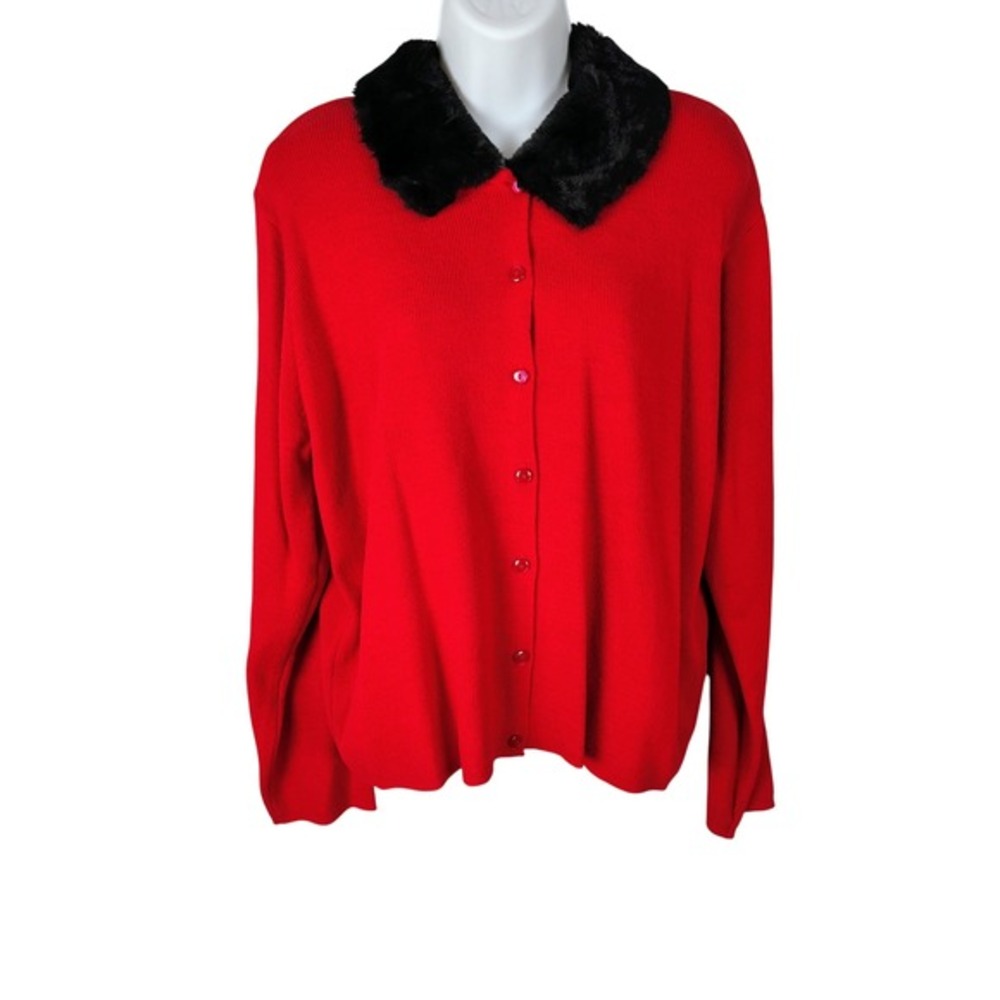 Halmode Plus Red Cardigan Sweater Detachable Faux Fur Collar 16W NEW vtg‎ luxury